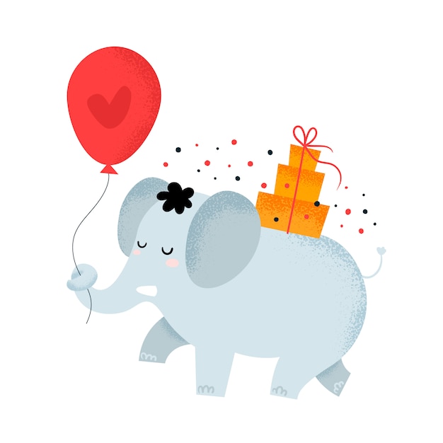 Leuke olifant met geschenkdoos en ballon met hart. gelukkige verjaardagskaart