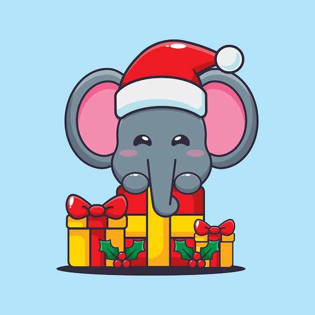 Leuke olifant met kerstcadeau. Leuke kerst cartoon afbeelding.