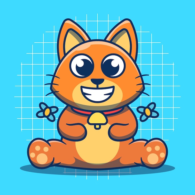 Leuke oranje kattenmascotte met bel op nek schattig vectorillustratie zitten