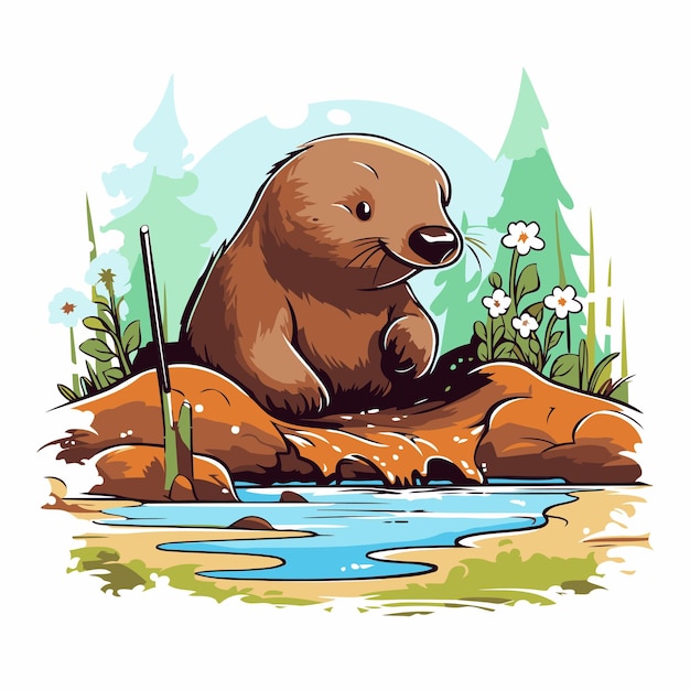 Leuke otter op een rots in de rivier Vector illustratie