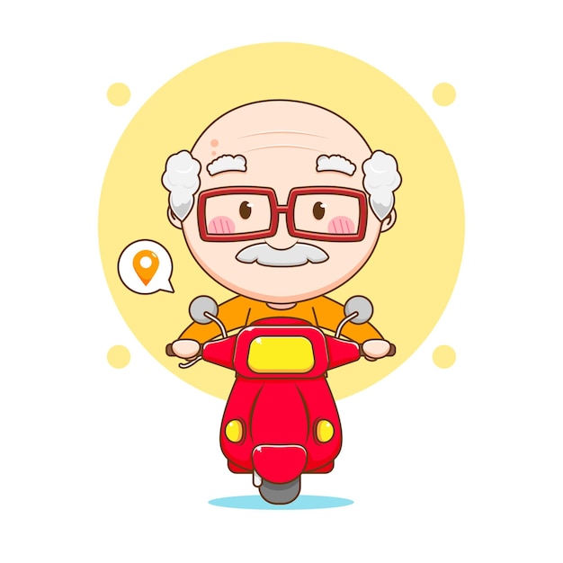 Leuke oude man rijden motorfiets Chibi stripfiguur