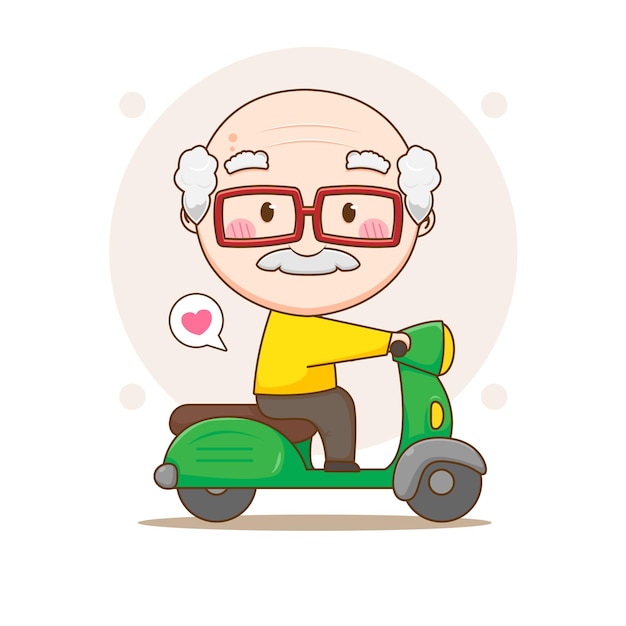 Leuke oude man rijden motorfiets Chibi stripfiguur