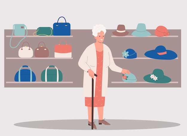 Leuke oudere vrouw kiest hoed en handtas in winkel shopping vector