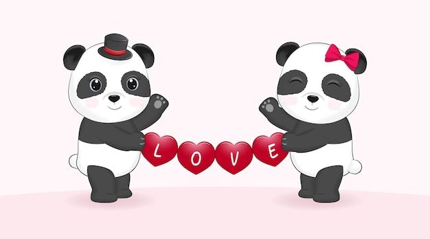 Leuke paar panda en hart Valentijnsdag illustratie