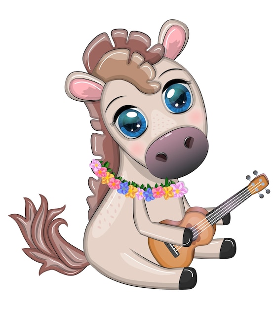 Leuke paardenpony in bloemenkrans hoed gitaar hula danseres uit Hawaï Zomerkaart voor de festivalreisbanner