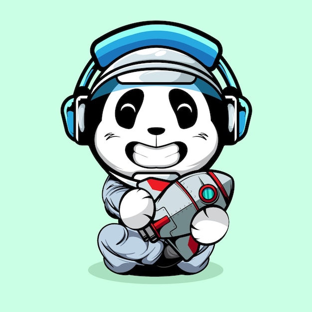 Leuke panda astronaut die raketstuk speelgoed houdt