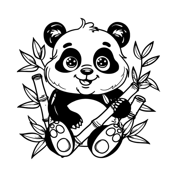Vector leuke panda-beer die op bamboe zit met bladeren kleurplaten voor kinderen en met de hand getekende contourillustratie