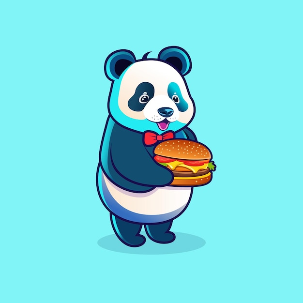 Leuke Panda cartoon illustratie met een hamburger op zijn hand Panda Mascot Cartoon Character Flat art