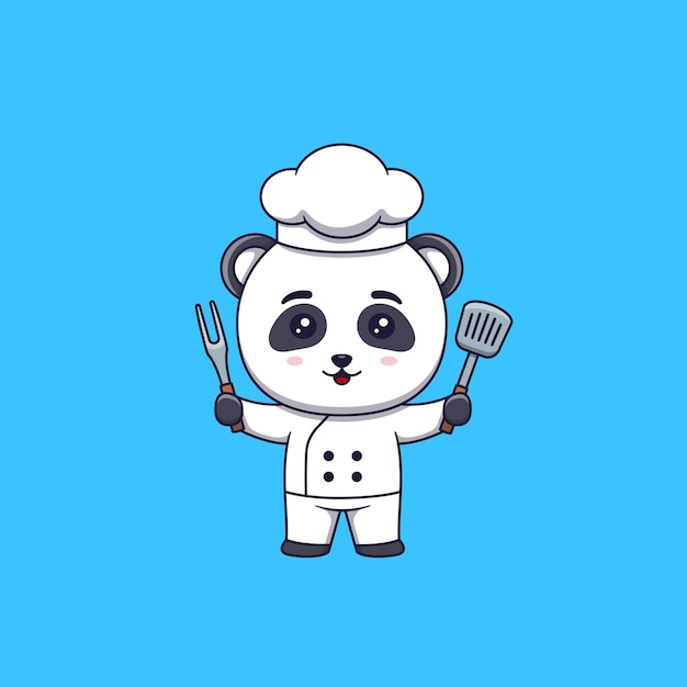 Vector leuke panda-chef-kok met spatel en barbecuevork