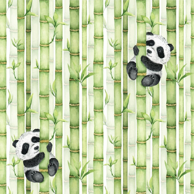 Vector leuke panda houdt zich vast aan een bamboestengel bamboestengels bamboebos aquarel naadloos patroon