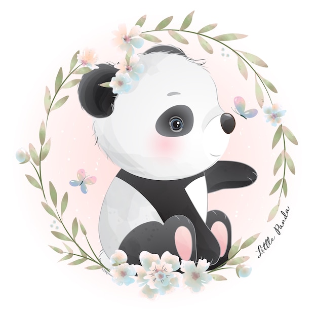 Leuke panda met bloemenillustratie