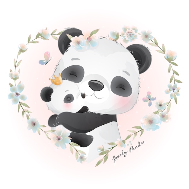 Leuke panda met bloemenillustratie