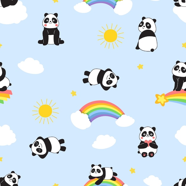 Leuke panda print Kinderachtig naadloos patroon met cartoon panda's regenboog en zon Cartoon wilde dieren vector textuur