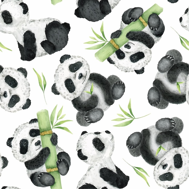 Leuke panda's en bamboe op een witte achtergrond Aquarel naadloos patroon