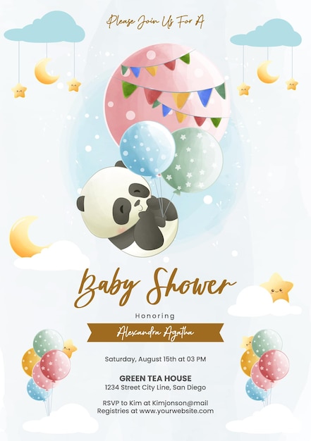 Leuke Panda vliegen met veel kleurrijke ballonnen Baby Shower Uitnodiging in aquarel stijl