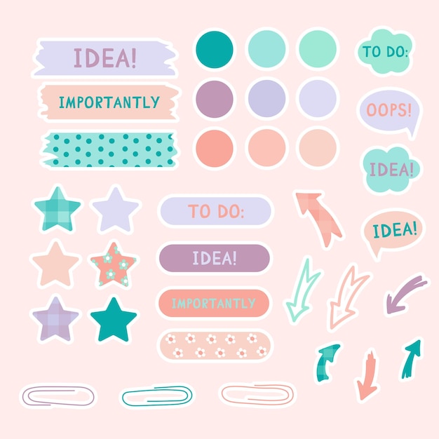 Leuke papieren notities in pastelkleuren Stickers Eenvoudige pagina Stationaire set Notities en ansichtkaarten voor notities Afdrukbare plannerstickers Een notitie op de takenlijst Decoratief planningselement Vector