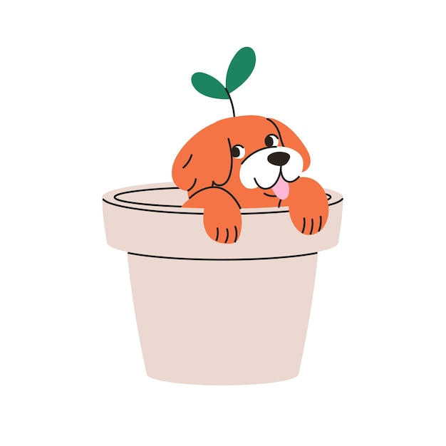 Leuke pasgeboren puppy Grappige kleine hond die uit een plantenpot kijkt Leuke kleine puppy in de planter Gelukkige vrolijke opgewonden baby hondje hondendier Platte vector illustratie geïsoleerd op witte achtergrond