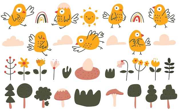 Leuke pastel kleur scandinavische stijl vogel, bloem, weer doodle hand getekende illustratie