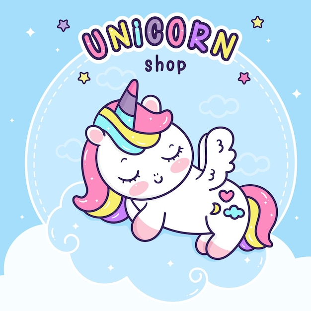 Leuke pegasus eenhoorn logo cartoon slaap op wolk kawaii dieren