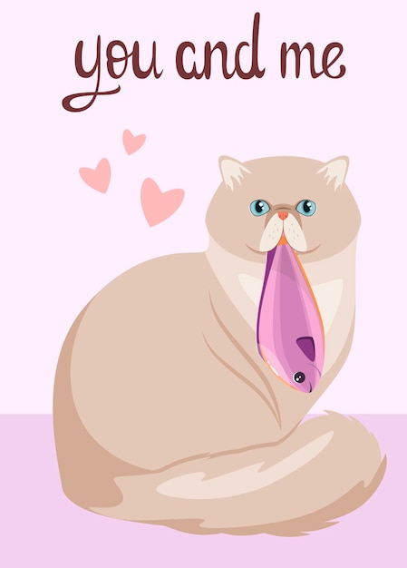 Leuke Perzische kat met een vis. Grappige ansichtkaart. Jij en ik. Cartoon ontwerp.