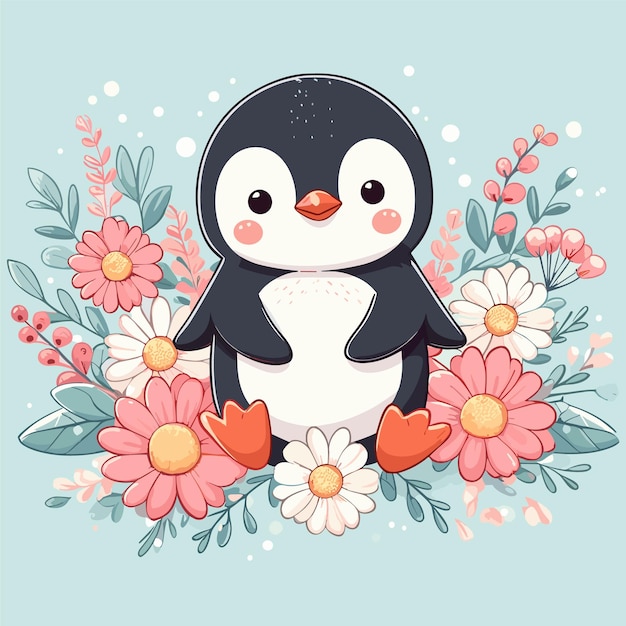 Leuke pinguïn amp bloemen cartoon vector style