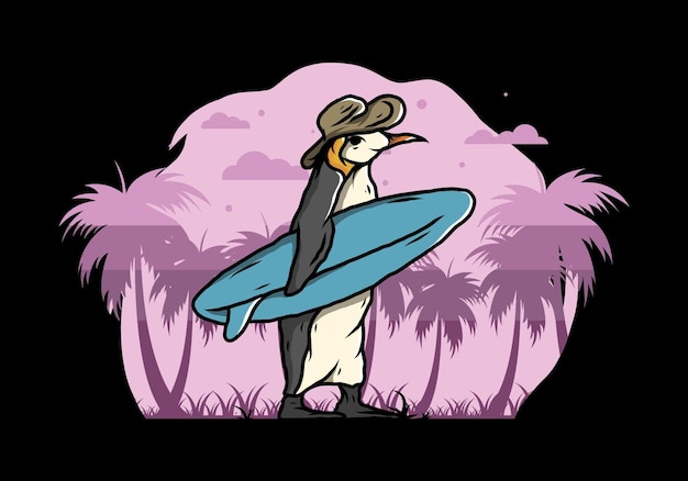 Leuke pinguïn die een surfplank op de strandillustratie draagt