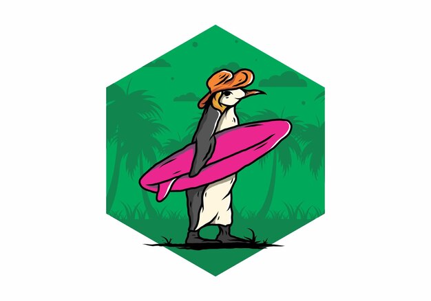 Leuke pinguïn die een surfplank op de strandillustratie draagt