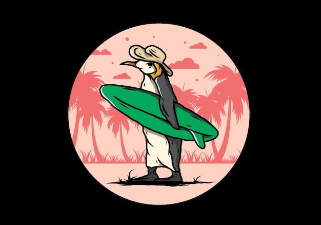 Leuke pinguïn die een surfplank op de strandillustratie draagt