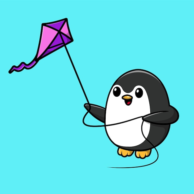 Leuke pinguïn die vlieger speelt Cartoon vectorpictogramillustratie