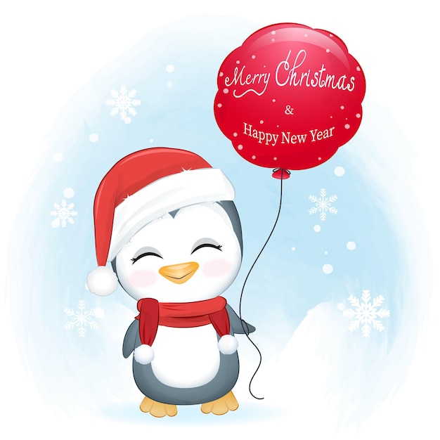 Leuke pinguïn en rode ballon in de illustratie van de winterkerstmis