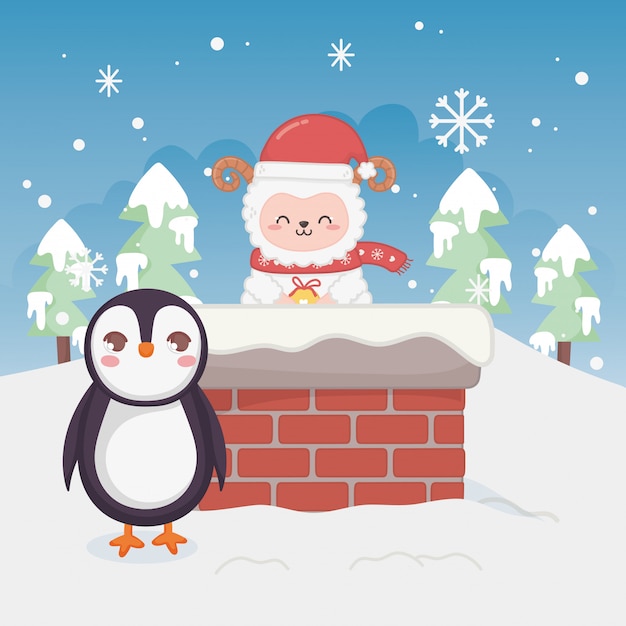 Leuke pinguïn en schapen in vrolijke Kerstmis van het de winterlandschap van schoorsteenbomen