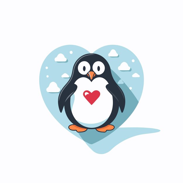 Leuke pinguïn in het hart Vector illustratie plat ontwerp