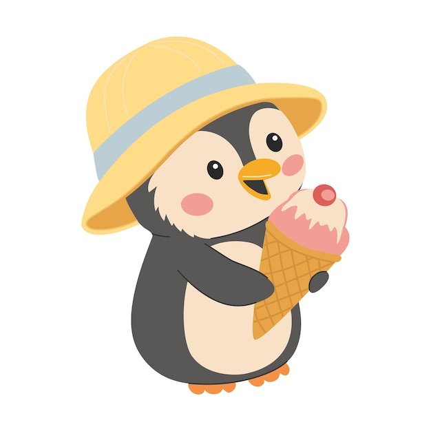 Leuke pinguïn in hoed met ijs Flat vector illustratie in eenvoudige kind stijl geïsoleerd op wit
