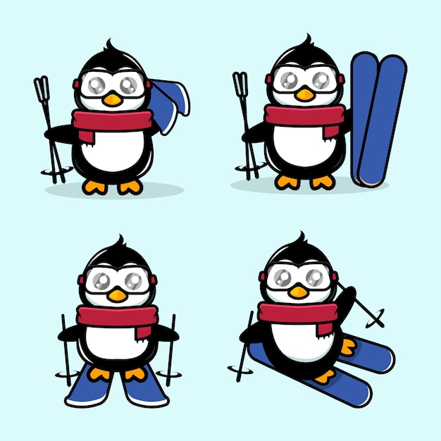 Leuke pinguïn mascotte ski thema ontwerp illustratie