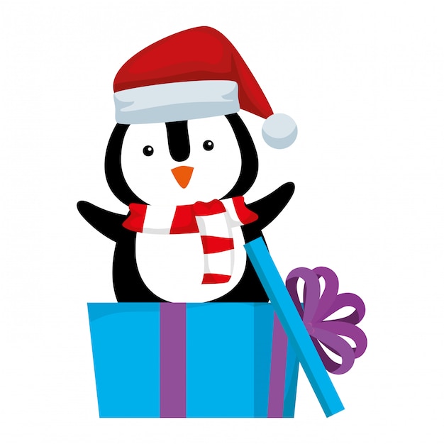 Leuke pinguïn met kerstman hoed in geschenk