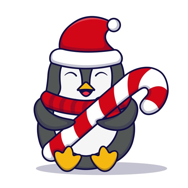 Vector leuke pinguïn met snoepstok vector cartoon illustratie geïsoleerd op witte achtergrond