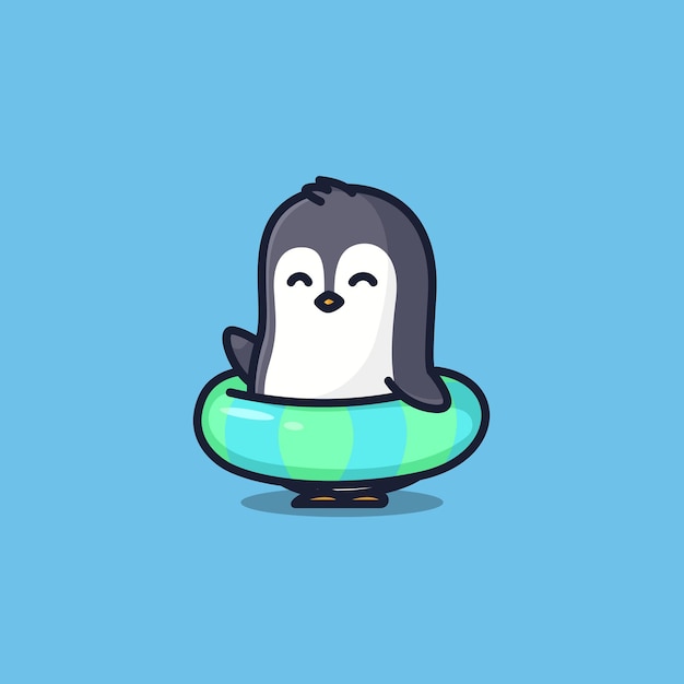Leuke pinguïn met zwemmende banden cartoon illustratie geïsoleerde natuur