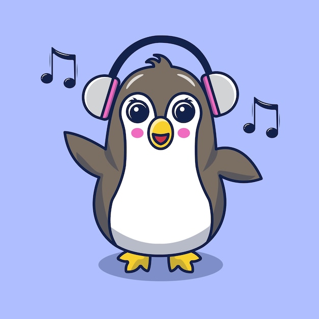 Leuke pinguïnillustratie Pinguïn met muziekpictogramillustratie Pinguïn met hoofdtelefoonvector