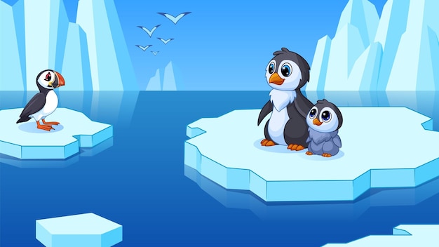 Leuke pinguïns drijven op het ijs in de oceaan Winterlandschap Zuidpool en ijzige rotsen Wilde vogels drijven in het water vector kinderlijke cartoon boek illustratie of spel landschap van de winter ijs ijsberg