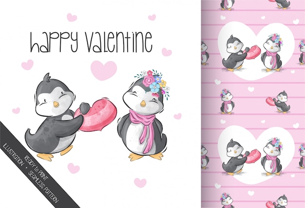 Leuke pinguïns gelukkige valentijnskaartillustratie met naadloos patroon