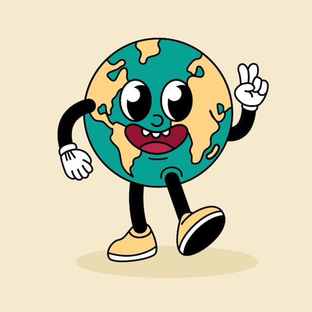 Vector leuke planeet aarde in groove stijl retro s personage cartoon vector illustratie afdruk