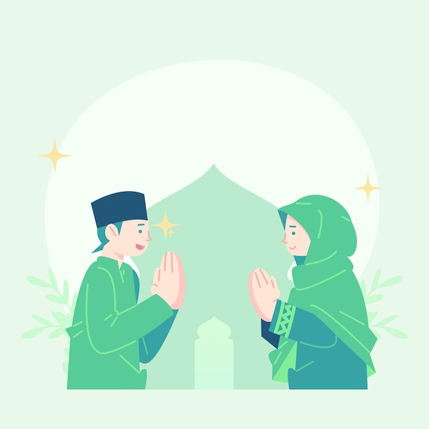 Leuke platte illustratie eid mubarak groet platte illustratie over vasten schattige illustratie van het breken van snelle schattige platte illustratie ramadan