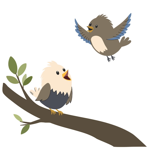 Leuke platte vector illustratie op witte achtergrond Twee schattige vogels zitten op een tak
