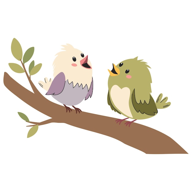 Leuke platte vector illustratie op witte achtergrond Twee schattige vogels zitten op een tak
