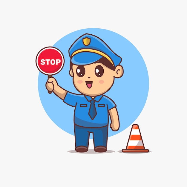 Leuke politie kawaii stripfiguur met stopbord