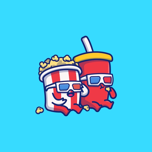 Leuke popcorn met soda cartoon pictogram illustratie. eten en drinken pictogram concept geïsoleerd. flat cartoon stijl