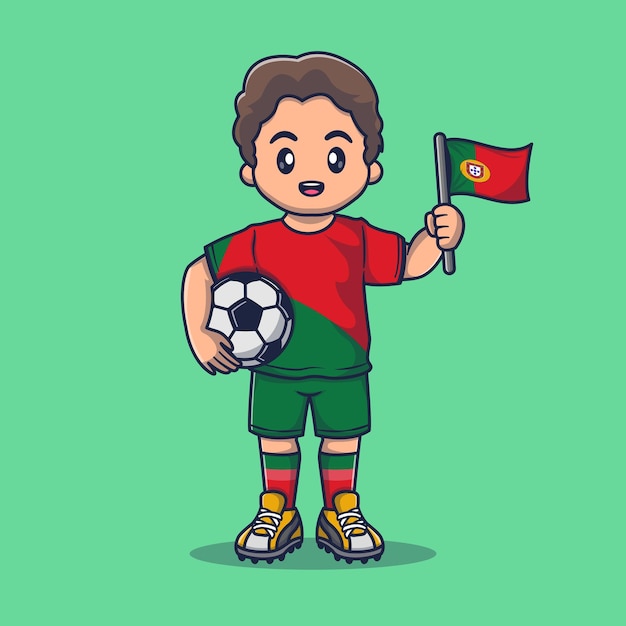 Leuke portugese voetballer in uitrusting met het houden van vlag en balbeeldverhaal vectorpictogramillustratie.