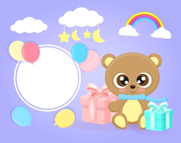 Leuke poster met kleine teddybeer ballonnen wolken geschenken sterren en maan plat realistische stijl voor baby shower wenskaart vectorillustratie