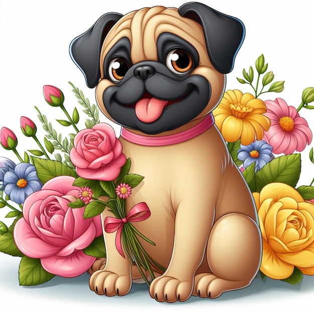 Vector leuke pug honden bloem vector cartoon illustratie