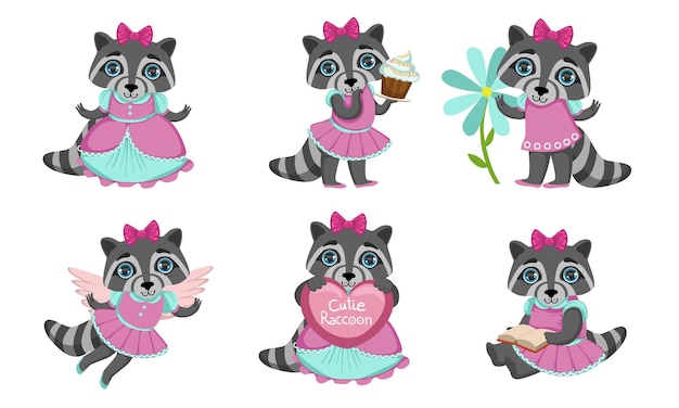 Leuke Raccoon cartoon personage in roze jurk en boog Set Adorabele dier in verschillende situaties Vector illustratie